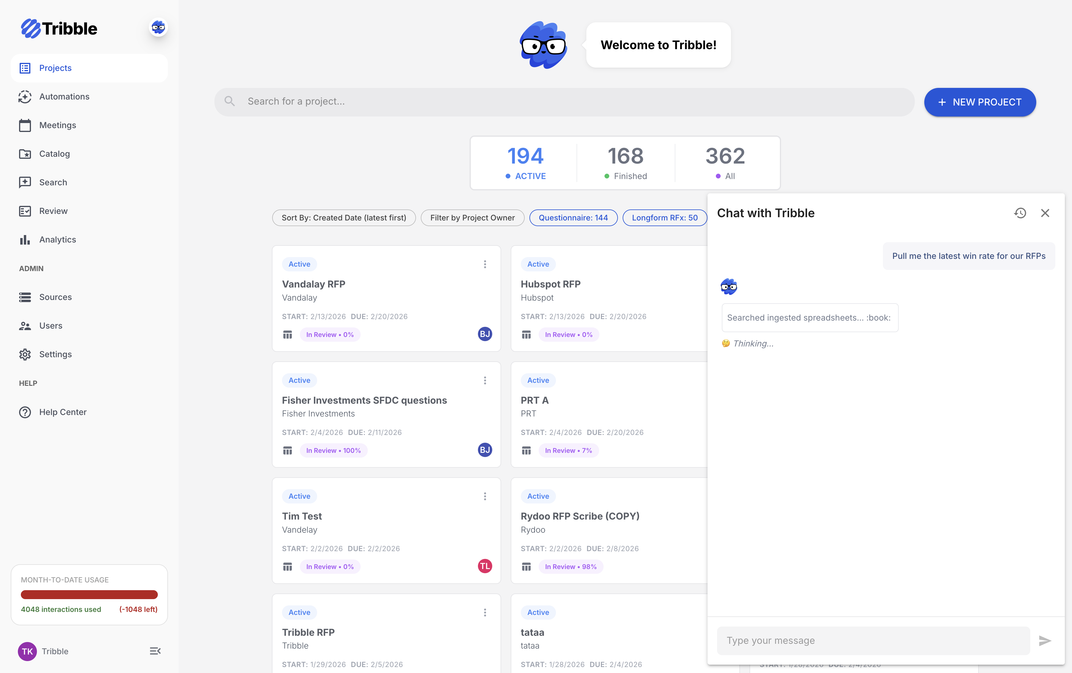 Tribble project dashboard showing FINS-themed projects with the Tribble assistant visible